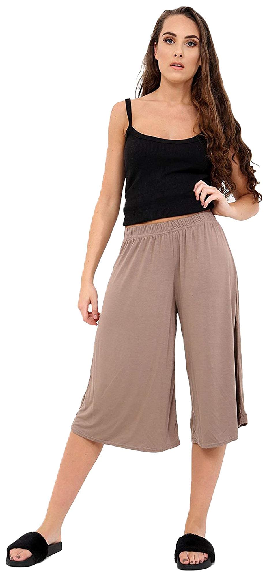 STAR FASHIONLadies Culottes Palazzo Shorts Wide Leg Flared Elasticated Stretchy Loose Short Trousers Pants Casual Womens 3/4 Length Plain Culottes Shorts 8-26