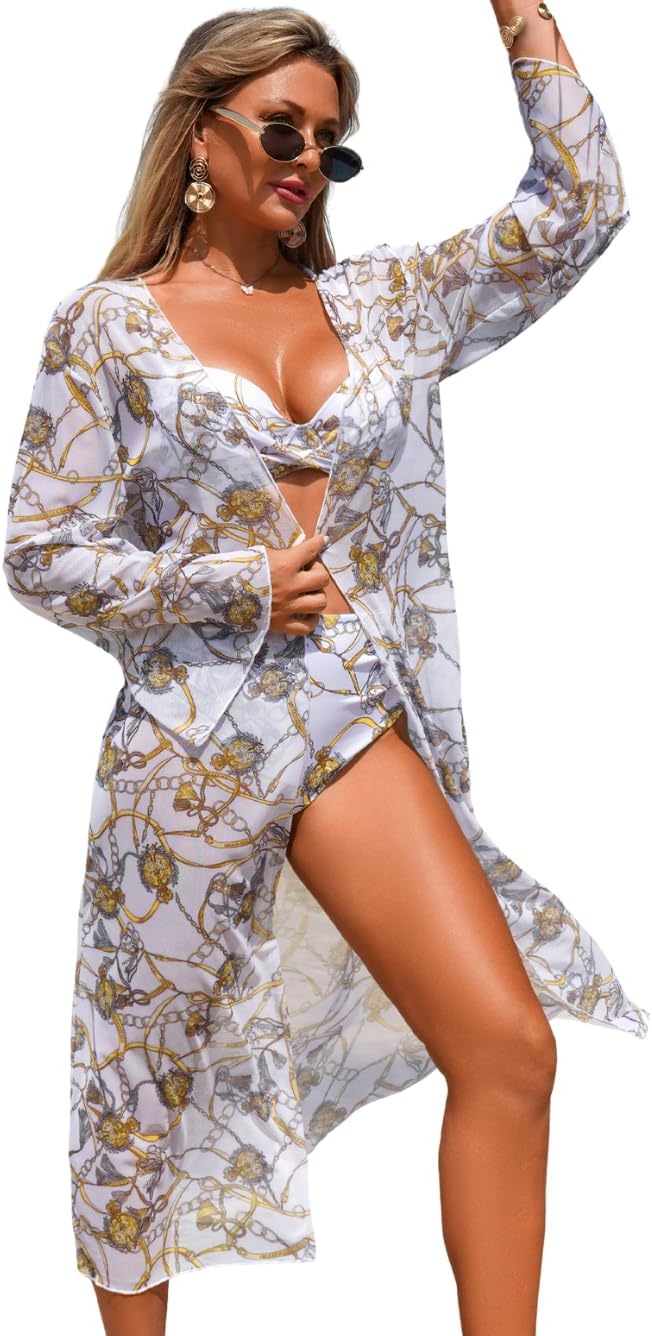 Women's 3 Piece Bikini Set with Mesh Cover Up, Sizes 0-14 Chain Print Underwire High Waisted Twist Front Swimsuit