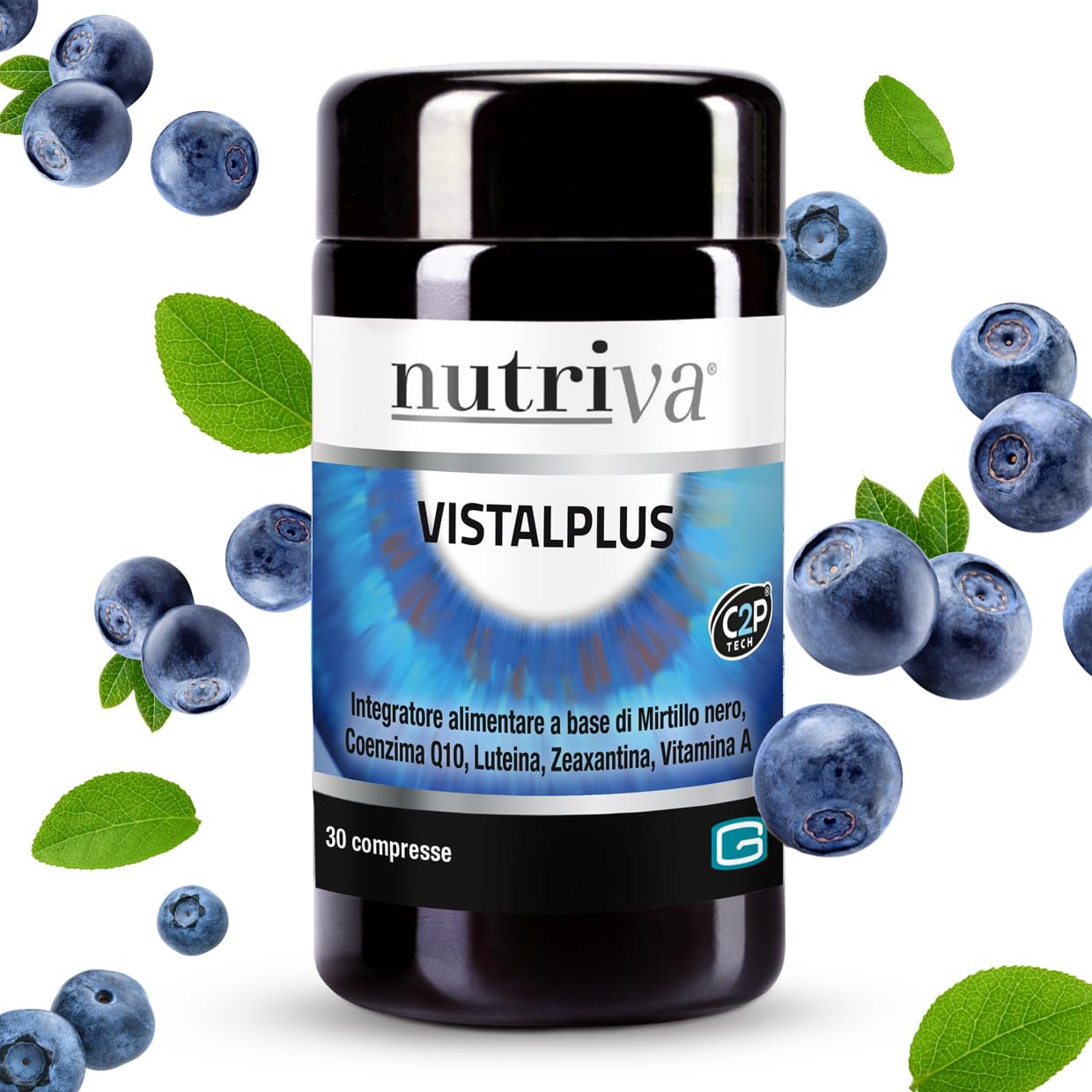 NUTRIVA Vistal Plus è un integratore Alimentare Benessere Vista, Occhi Stanchi e Affaticati, Nutriva Vistalplus, Mirtillo Nero, Q10 e Vitamina A, 30 Compresse, Vegan