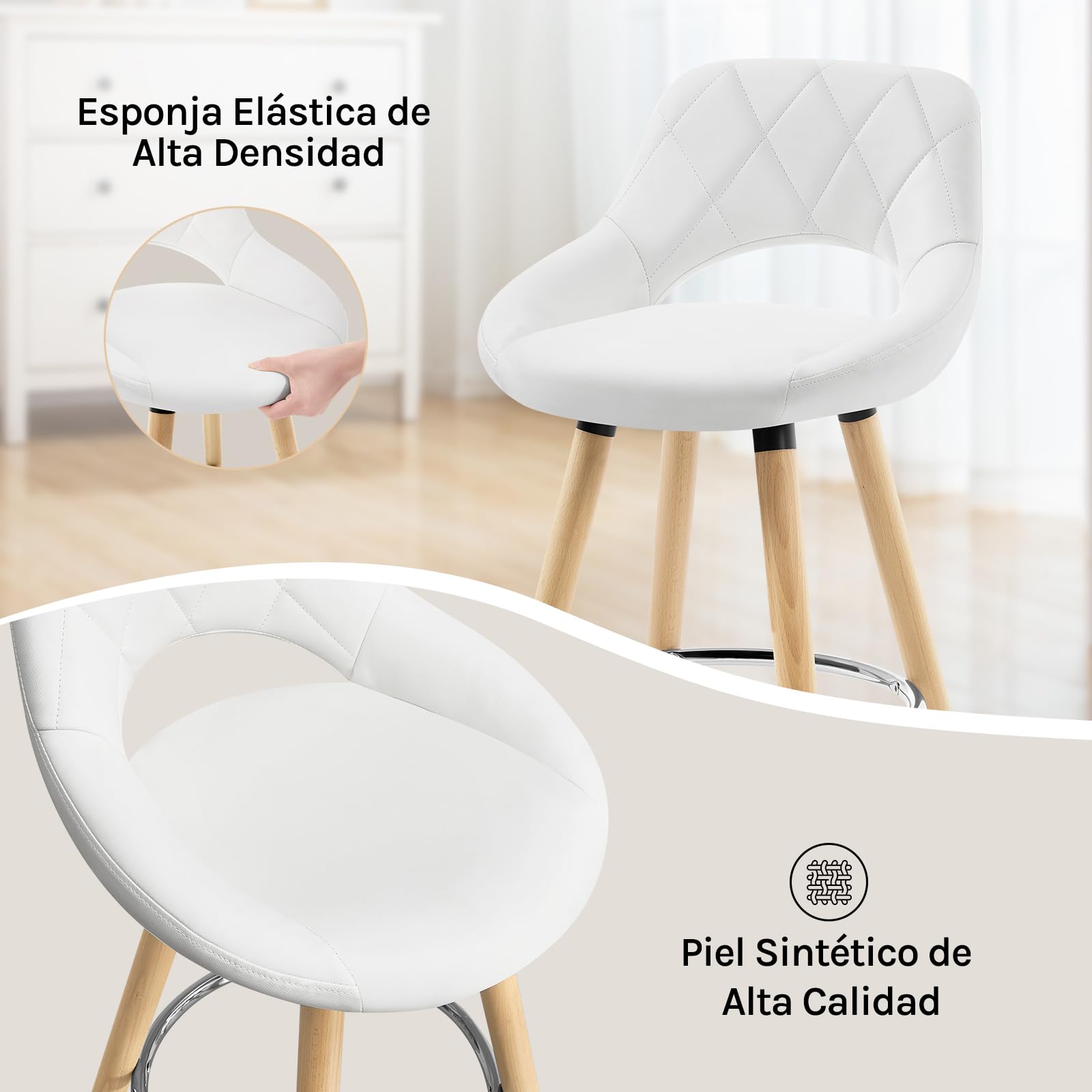 WOLTU Juego de 2 Taburetes Altos con Respaldo Ahuecado y Reposapiés, para Bistro, Cafeteria y Cocina, con Funda de Piel Sintética y Patas de Madera, Blanco