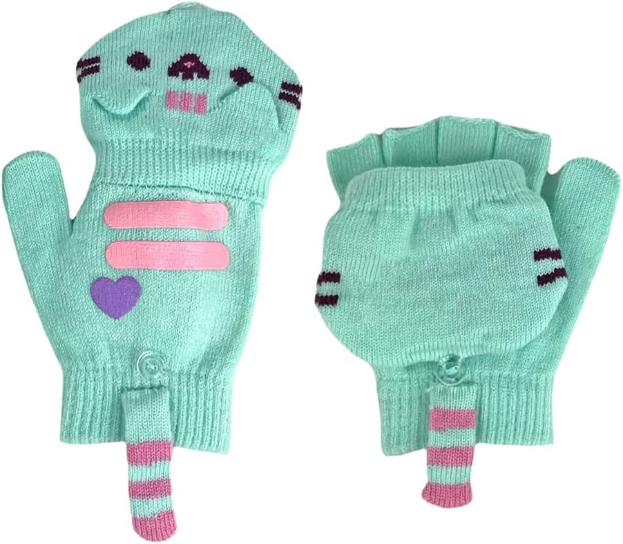 Pusheen Cat Mittens Convertible to Fingerless Gloves - Women & Teens Size, Mint Gree