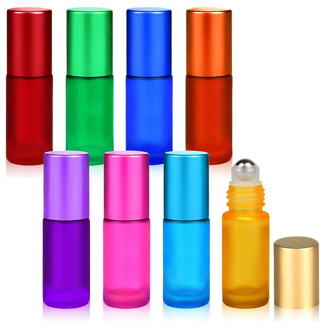 8 Piezas Botella Roll On Cristal,Rellenable Perfume Roll 5ml,Botellas Vacías de 8 Colores,con Bola de Acero Inoxidable,para Aceites Esenciales,Aromaterapia, Perfumes,Masajes