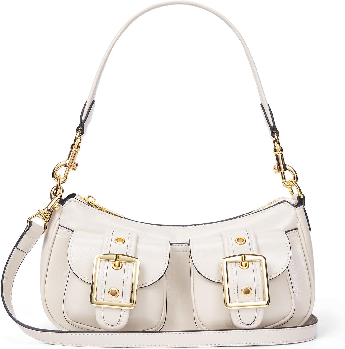 Small faux leather shoulder bag with double pockets for women.