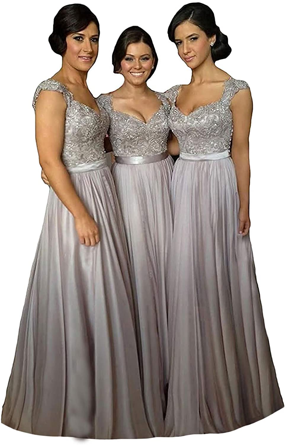 Women Long Chiffon Appliques Lace Formal Maxi Prom Gowns Bridesmaid Wedding Dress