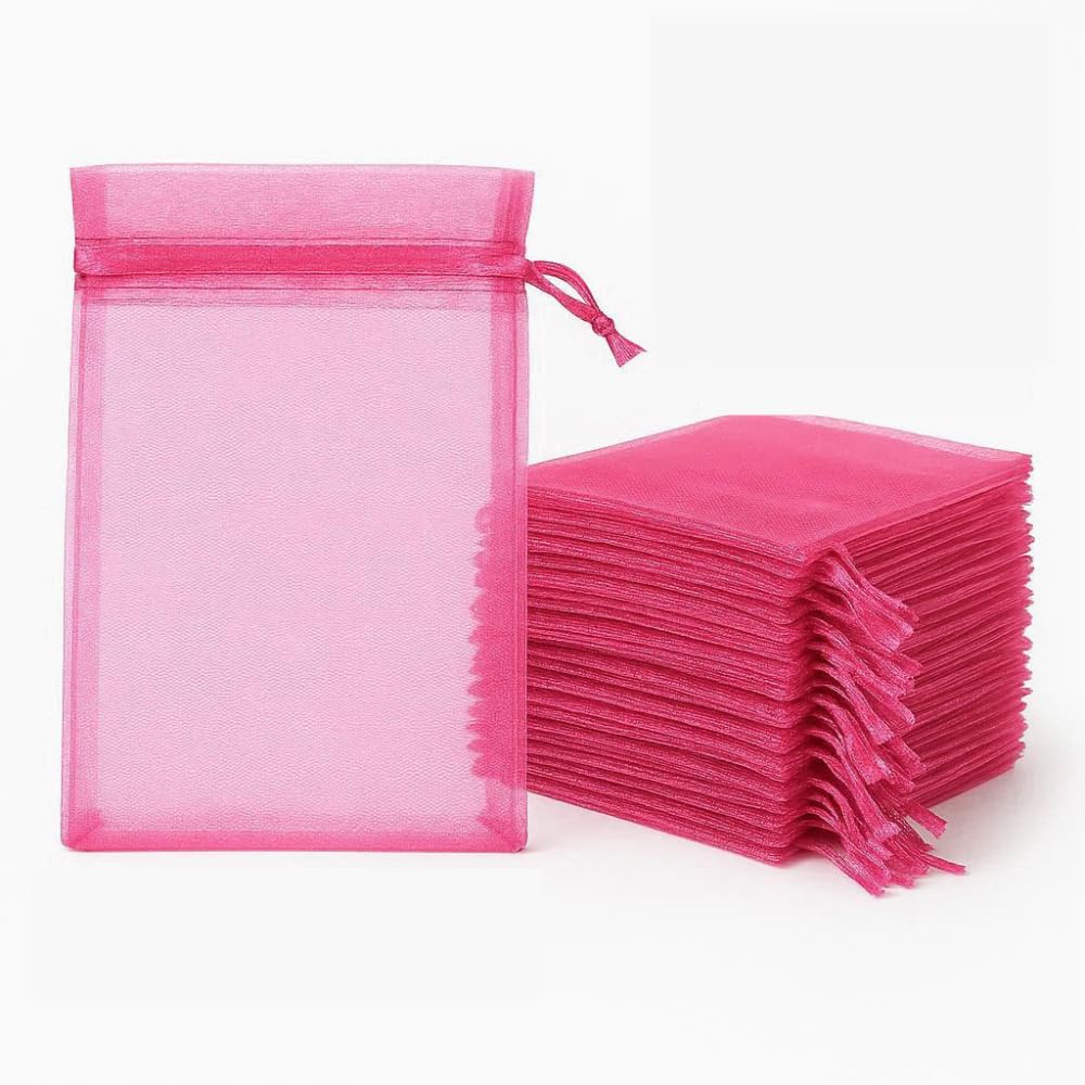 50 Pcs Pink Organza Gift Bags 5x7cm Small Jewellery Pouches with Drawstring Mini Candy Favour Bags for Wedding Party Christmas & Sweet Treats