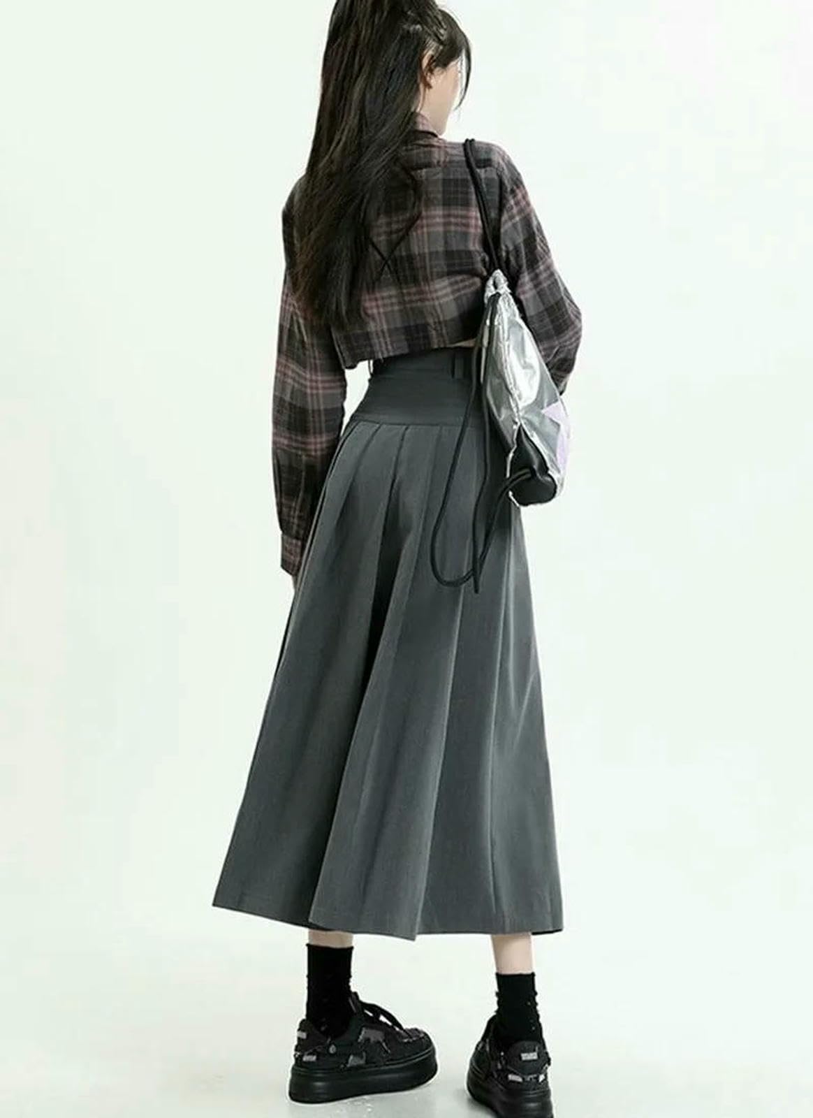 Langer Rock Damen College-Stil Frauen Faltenrock Frühling Sommer Hohe Taille Lange Röcke Frau Grau A-Linie Midi-Rock-schwarz-l
