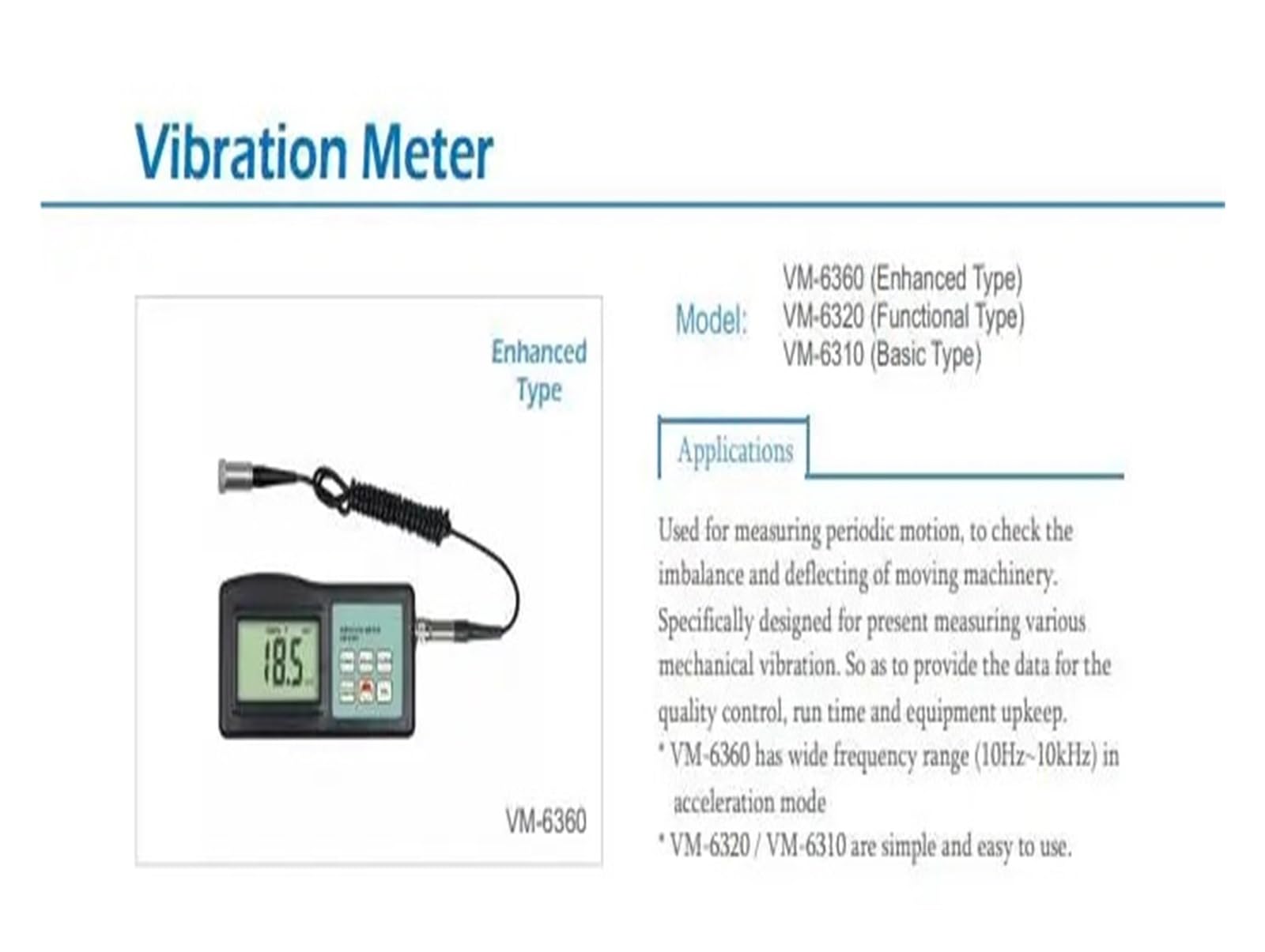 Medidor de vibración de precisión VM-6360 for medir movimiento periódico, precisión del 5% de lectura + 2 dígitos, velocidad de 10 Hz a 1 kHz. Mediciones precisas y repetibles