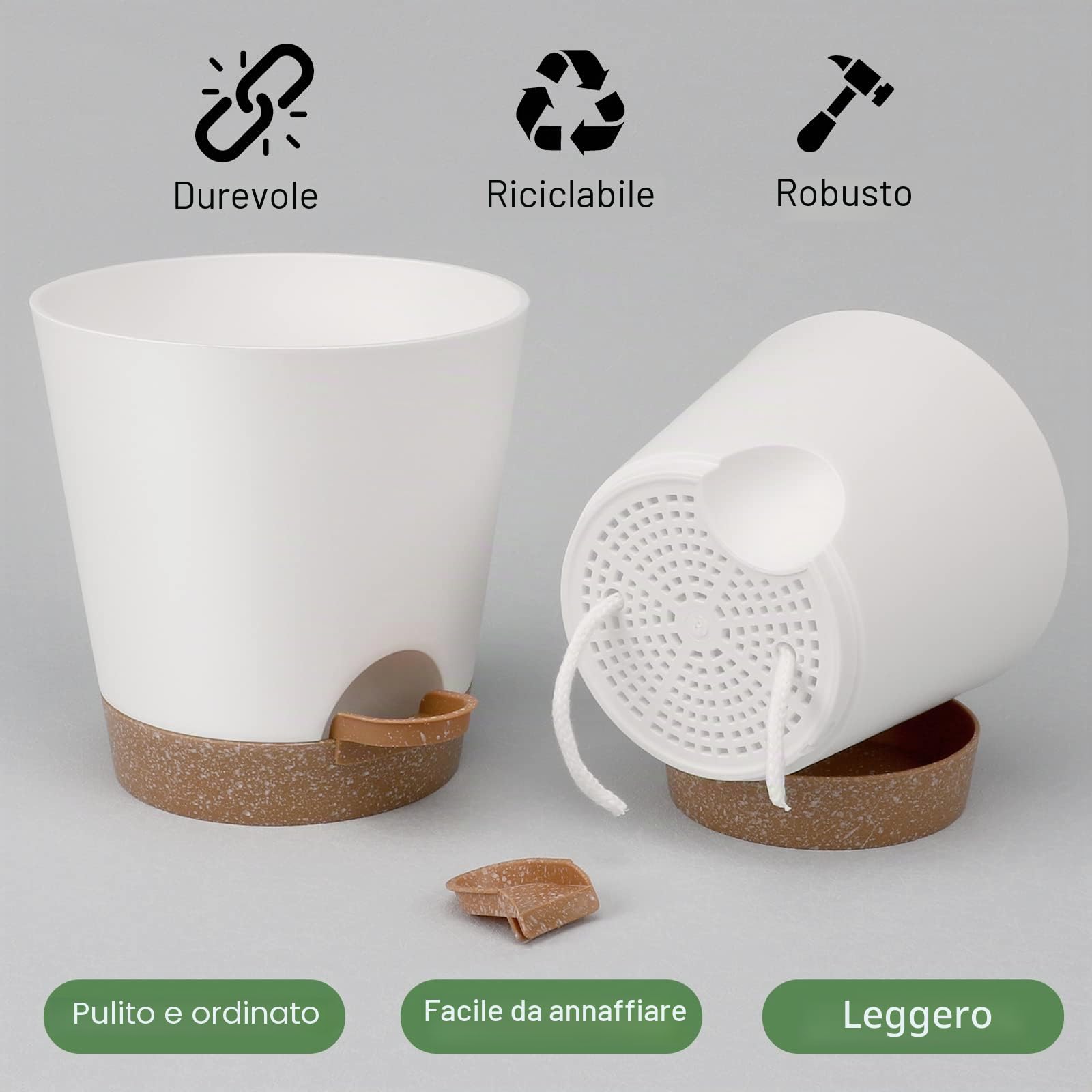Ynnico - Vasi autoirriganti per piante da interni con fori di drenaggio e sottovasi, 20, 17, 16,5, 15,2, 14, 12,7 cm, confezione da 6 vasi, colore bianco