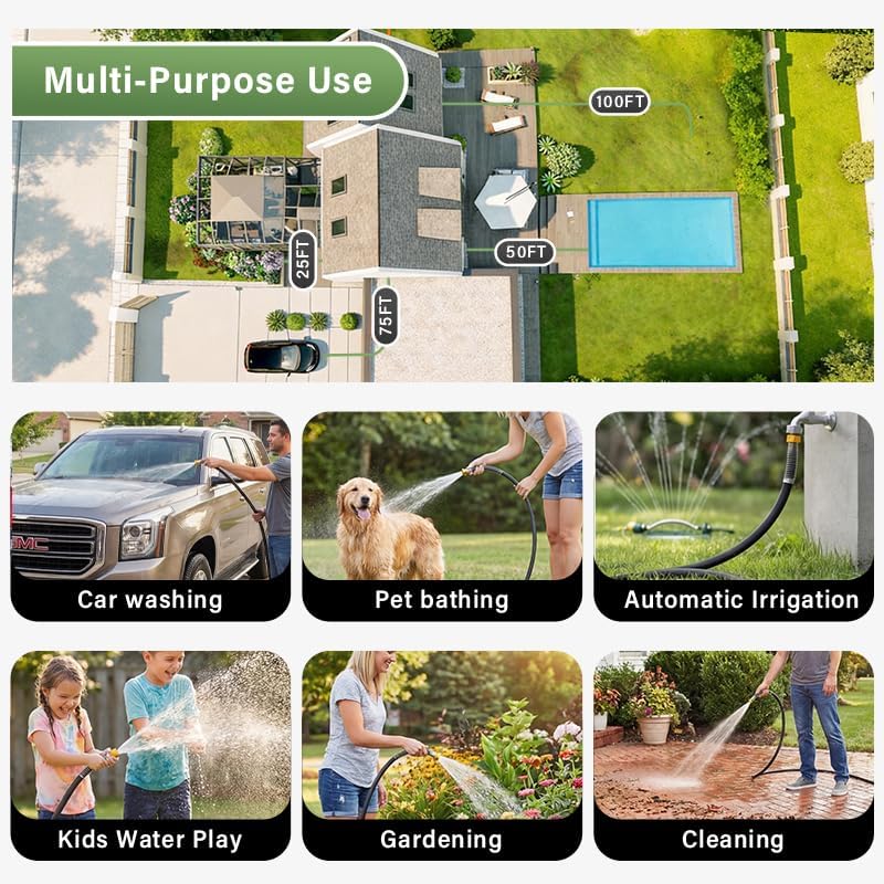 Garden Hose 5/8" x 100ft 6-Layer Heavy Duty Brass Rubber Hose with 800 PSI Burst Pressure – Kink Resistant Flexible All-Weather Outdoor Hose for Yard Car Wash Pets Black