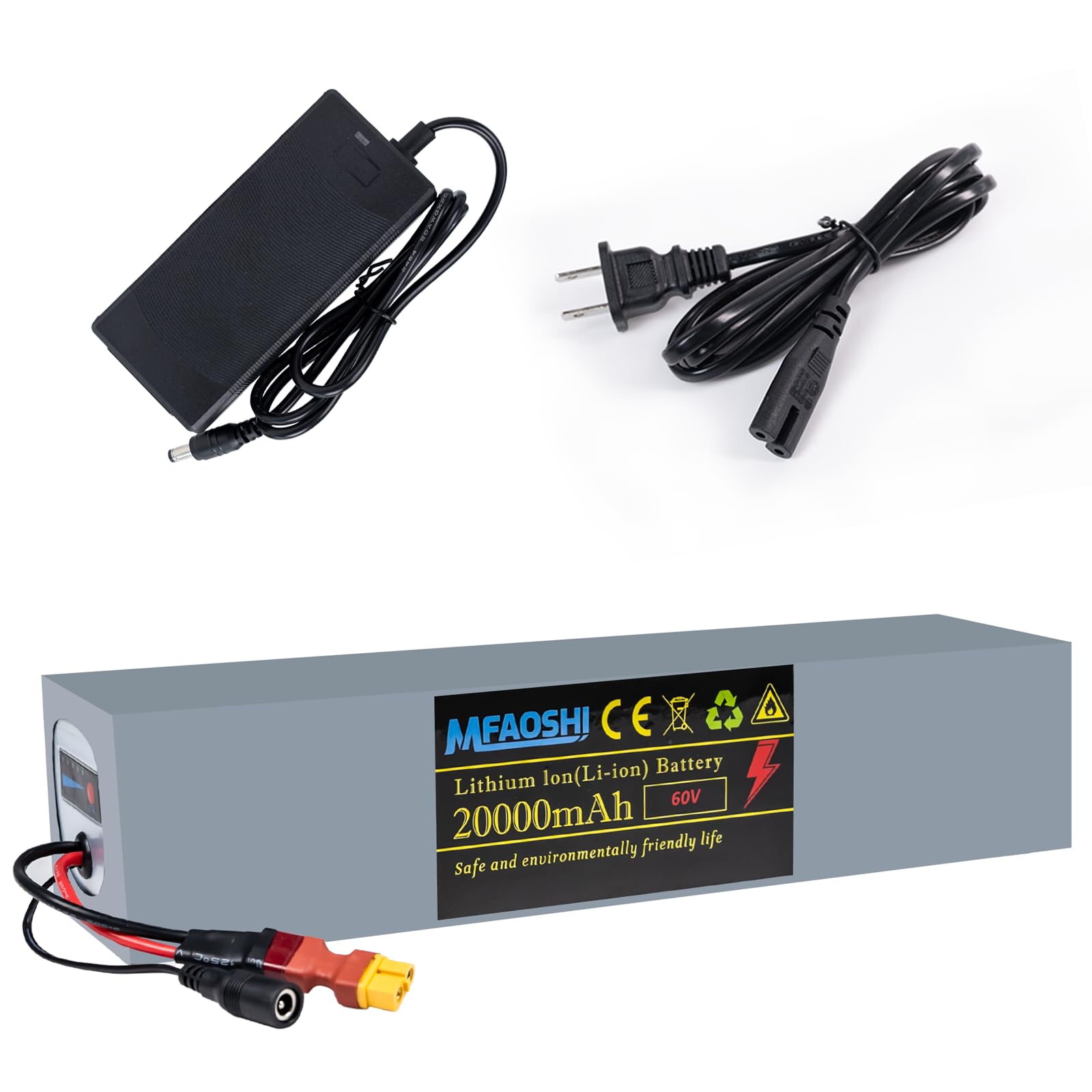 60V 20Ah E-Bike Battery, Li-Ion Battery Pack with 2Ah Charger, BMS Protection, for 0-3500W Motors, E-Bikes and Scooters