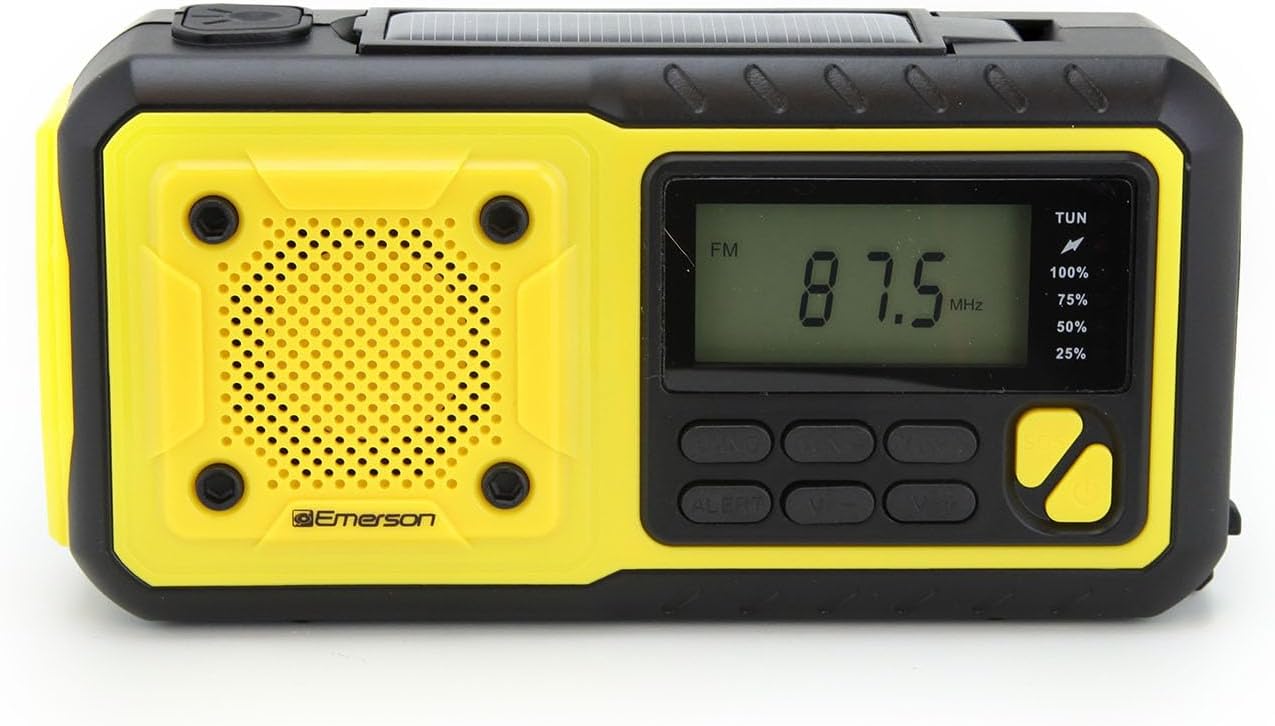 Emerson ER-7051 Emergency AM/FM Radio with NOAA Weather Band, Built-in Power Bank, Hand Crank, Solar Charging, LED Flashlight, and SOS Alarm – Essential Survival Gear for Camping and Emergency Prep