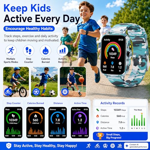 Image of Smart Watch for Kids Boys Age 5-12, Ai Functions Games HD Touch Screen Watches with Video Camera Music Player Pedometer Heart Rate Sleep Tracker Christmas Birthday Gifts for Boys (Camouflage, 1.85 inch)