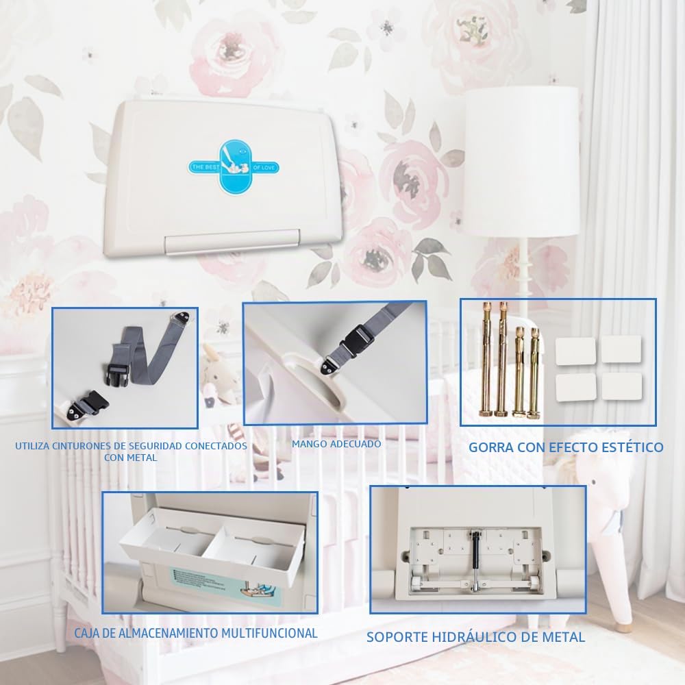 Cambiador Bebe Mesa de Cuidado Infantil,Plegable,Para el Hogar y el Comercio,con Cinturón de Seguridad y Compartimento de Almacenamiento,Ahorra Espacio,Seguro y Estable (Blanco)