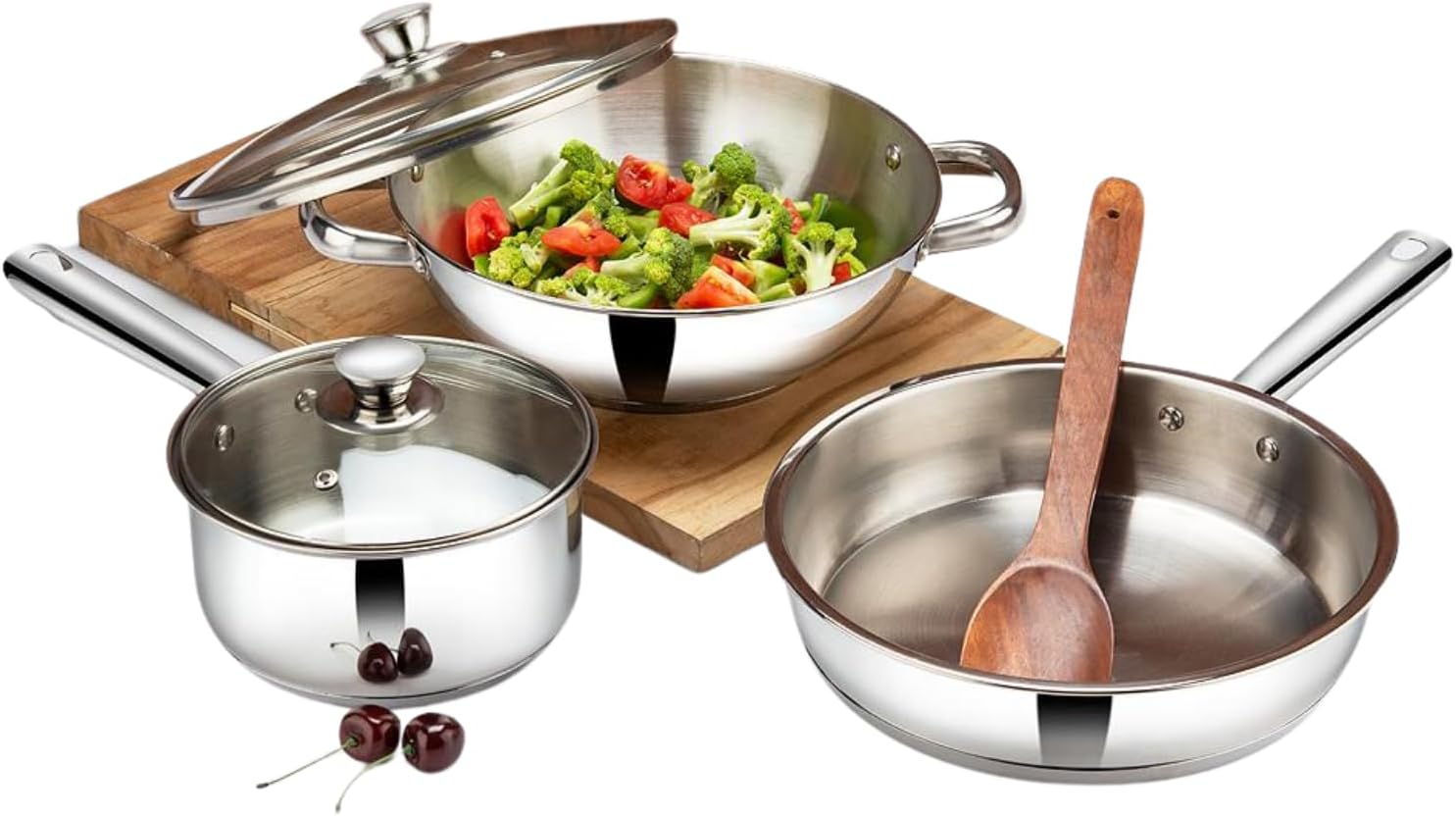 Vinod Stainless Steel 3 Piece Induction Friendly Modena Set, Kadai with Glass Lid (2.7 Litre), Saucepan with Glass Lid (1.5 Litre) & Frypan (24 cm), 2 Years Warranty, Silver