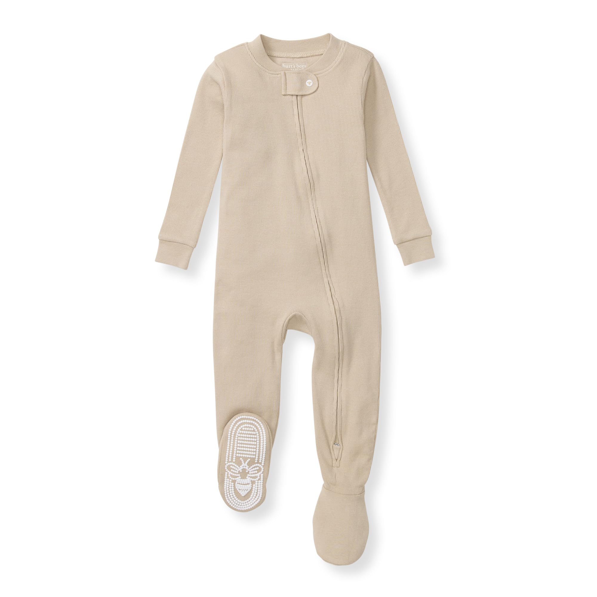 Burt's Bees Baby Baby Boys Sleeper PJs, 100% Organic Cotton, Soft One-Piece Footie, Diagonal Zip Up Jumpsuit, Snug Fit Pajamas with Snap Tab, Neutral Solid Rib, 12 Months