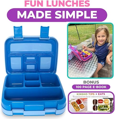Miniatura 5 de kinsho Lonchera Bento para niños y niñas, con tapa segura, 5 secciones con tapa segura, apta para microondas, bandeja extraíble sin BPA, contenedor