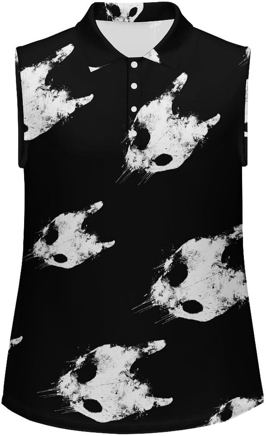 Cat Skull Womens Sleeveless V Neck Golf Polo Shirts | Collared Tank Tops