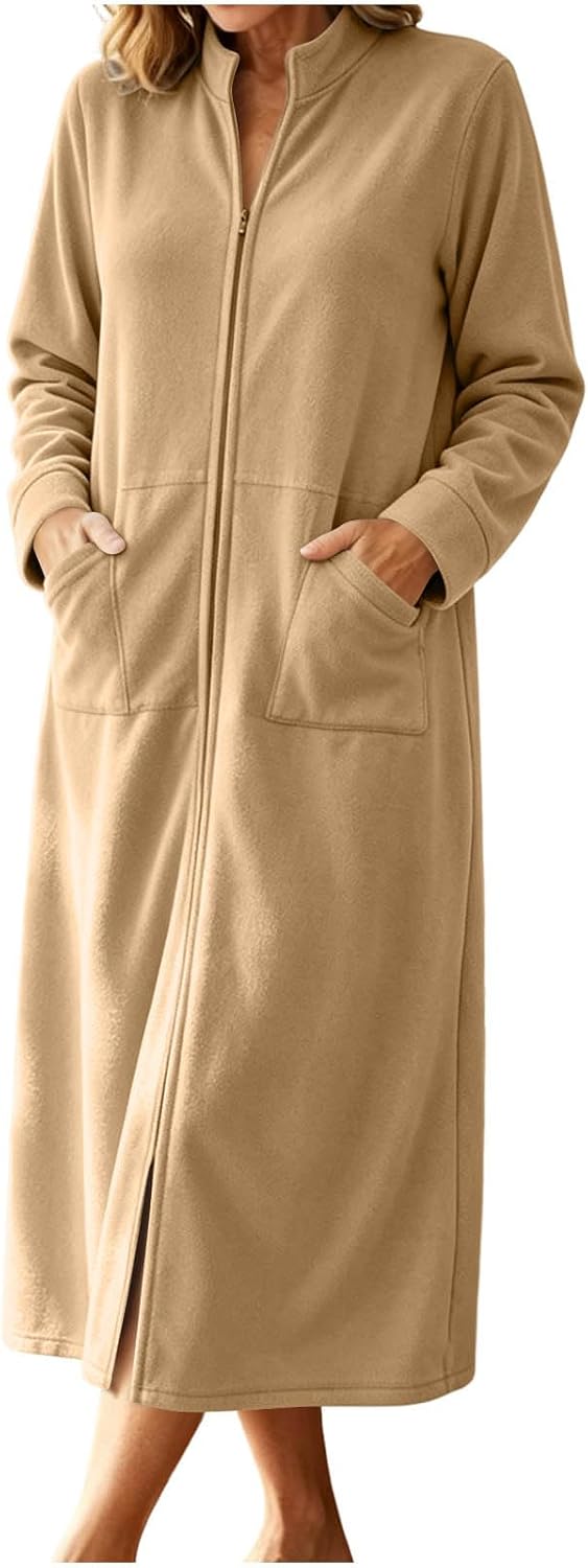 Warm Winter Nightgown for Women Zip Up Sleepwear Long Loungewear