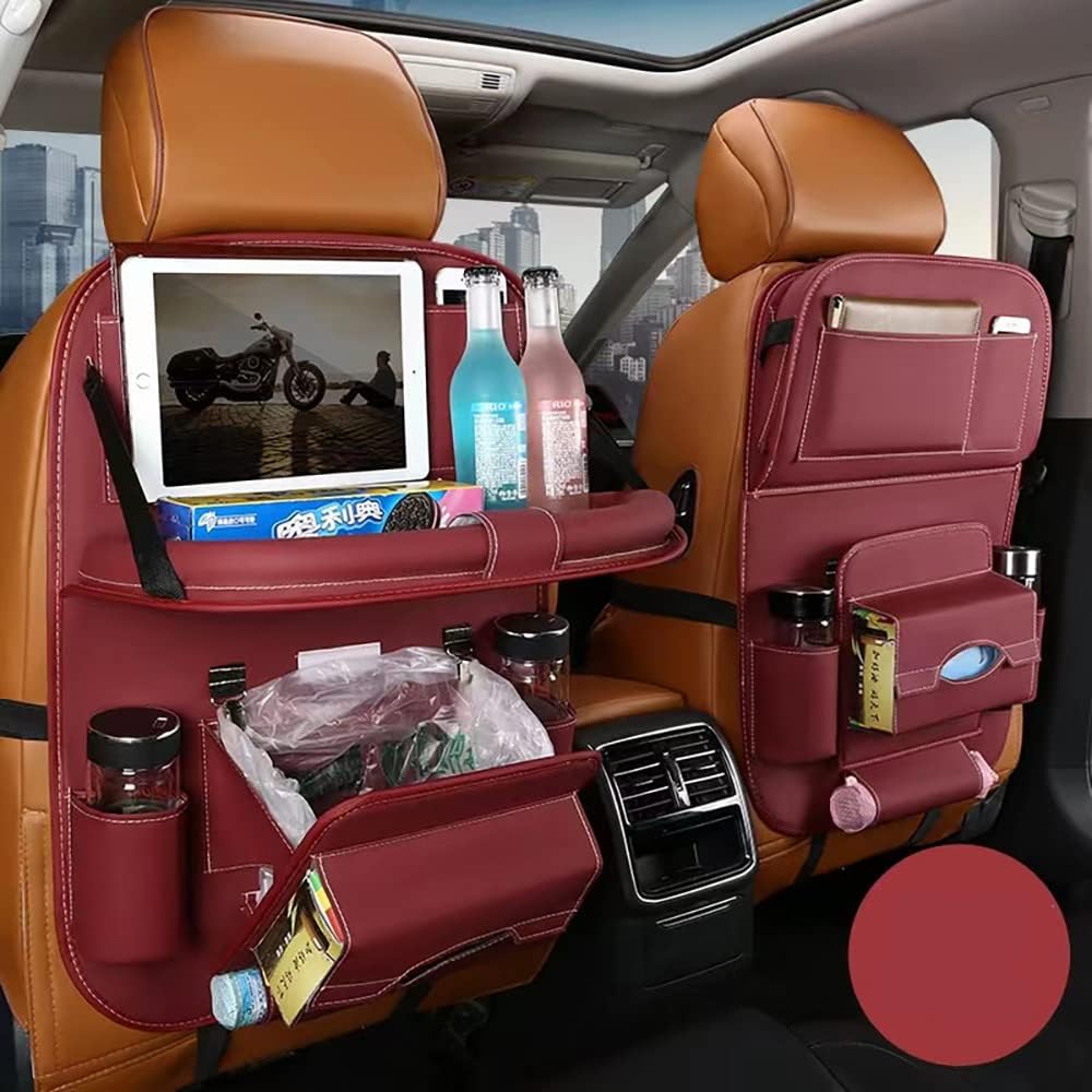 Car Backseat Organizer with Tablet Holder，9 Storage Pockets PU Leather Car Storage Organizer with Foldable Table Tray Car Seat Back Protectors Kick Mats Travel Accessories 2 Pack,Black