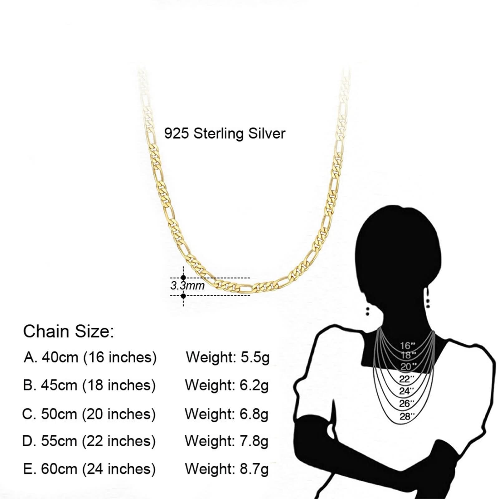 Collana Argento Donna Catena,Collane di Argento Sterling 925 Donna Catena Figaro 3.3MM Collana Catena Donna Argento