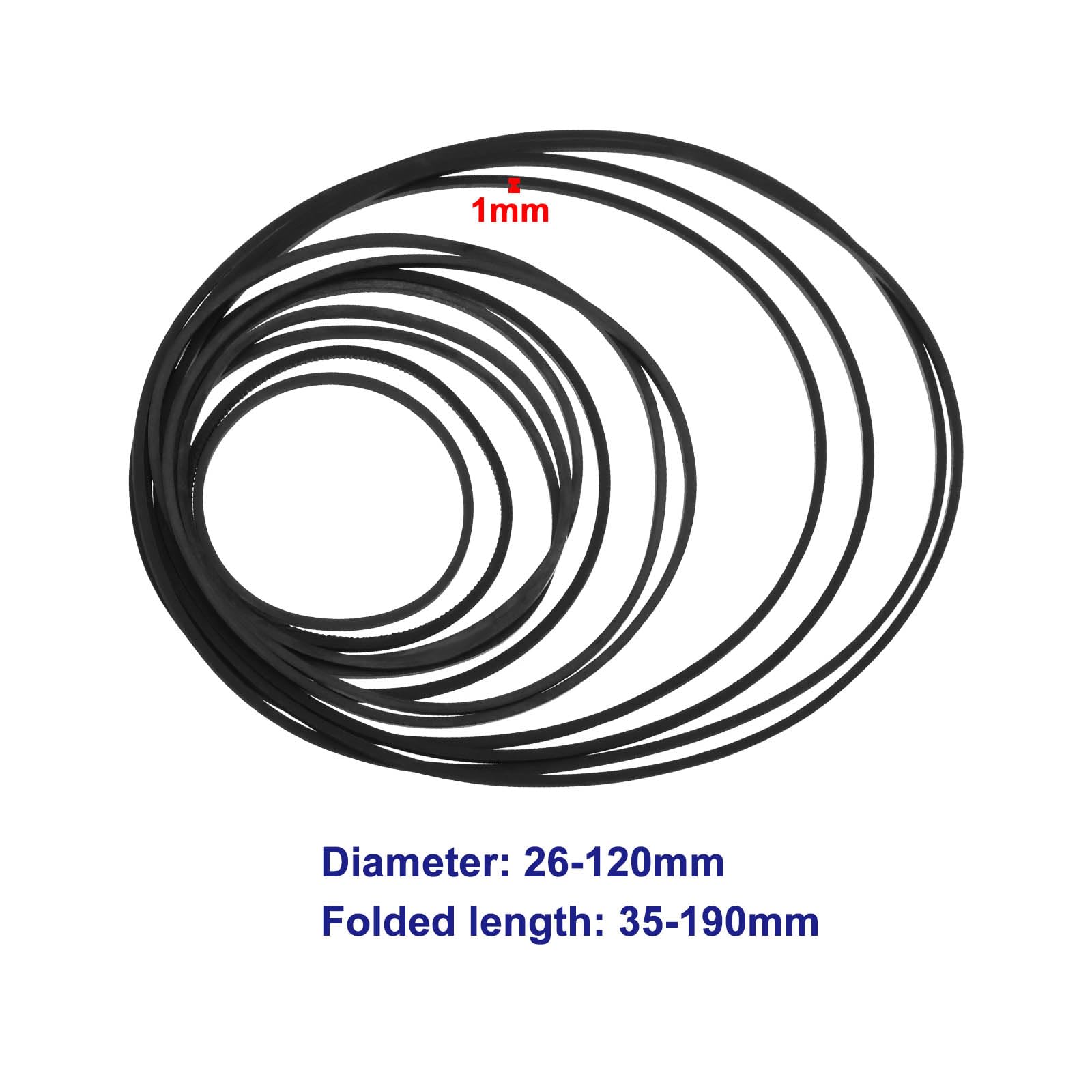 LT Easiyl 240PCS 1MM Recorder Rubber Belts Diameter 26-120mm Folded Length 35-190mm Mix Cassette Tape Machine Belt for DVD CD LD VCR Repeater Drives Black - Image 4