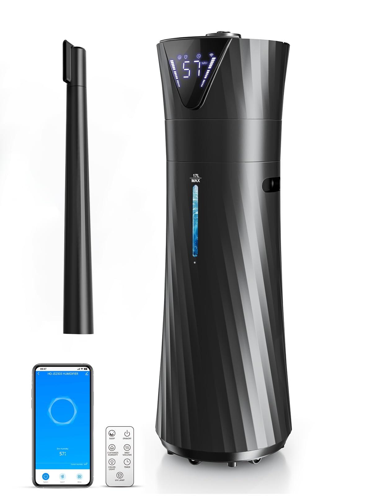 17l/4.5gal humidifier large room, smart quiet ultrasonic cool mist humidifiers for bedroom, covers 2000ft², 56h runtime, 24h timer, 3 mist modes humidifiers for home, office, plants, black