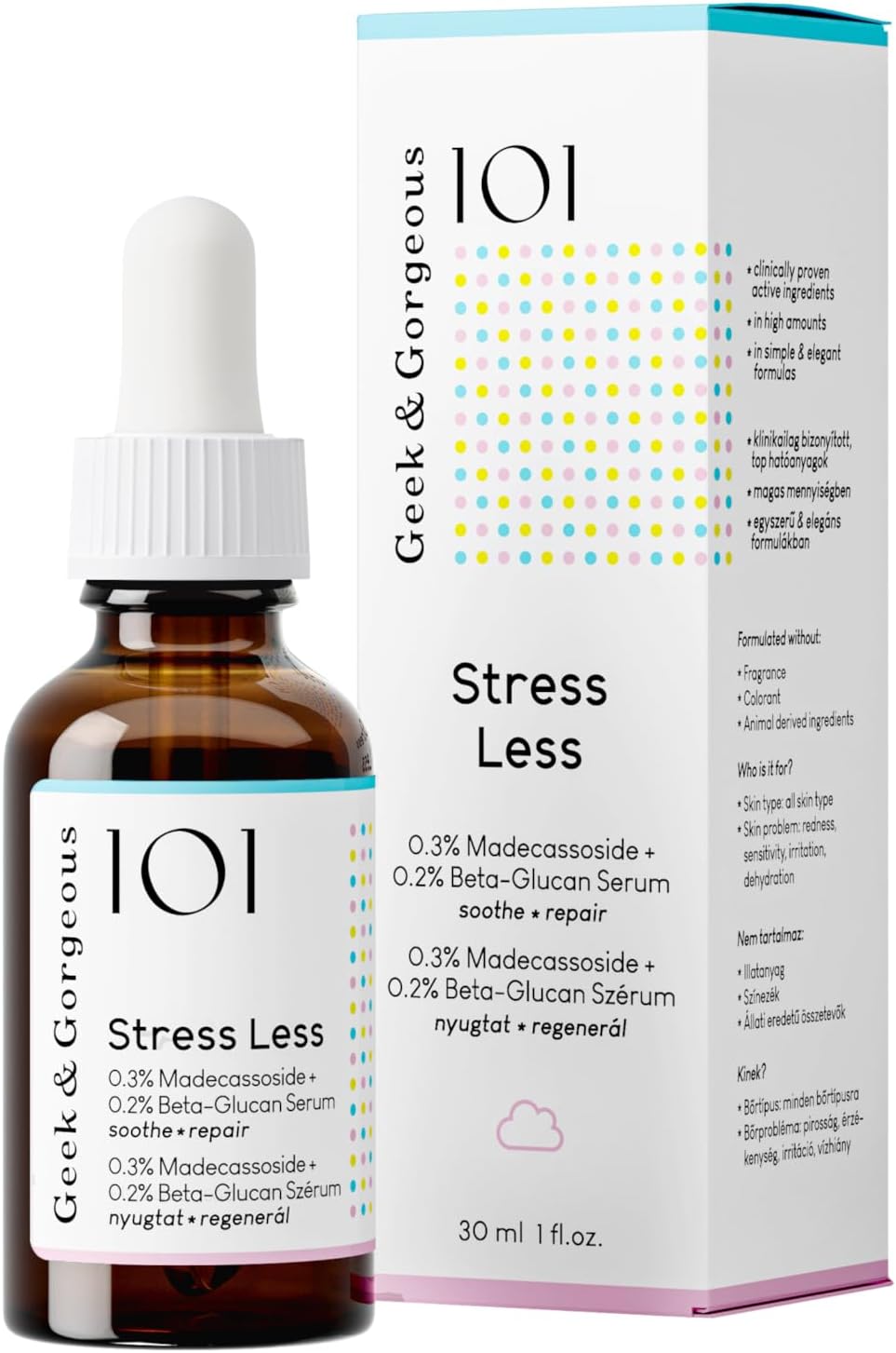 Geek & Gorgeous – Stress Less – Lightweight Gel Serum with Beta-Glucan & Madecassoside – Soothing Care for All Skin Types, Especially Sensitive – 1 oz