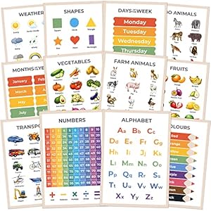 Wonder Tots Premium Educational Posters for Toddlers – Alphabet ABC, Numbers, Shapes & More – Kids Learning Posters for Children, Early Years Nursery Decor, Preschool Wall Charts (12 Pack)