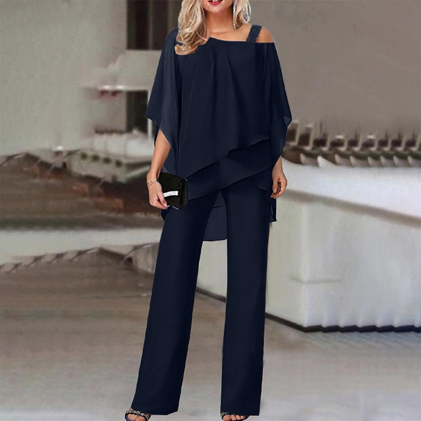 Ensemble Pantalon Femme Tailleur Femme pour Mariage Grande Taille Ensemble Deux Pièces en Mousseline De Soie pour Femme Élégant Ensemble De Détente + Pantalon De Loisirs Taille Haute