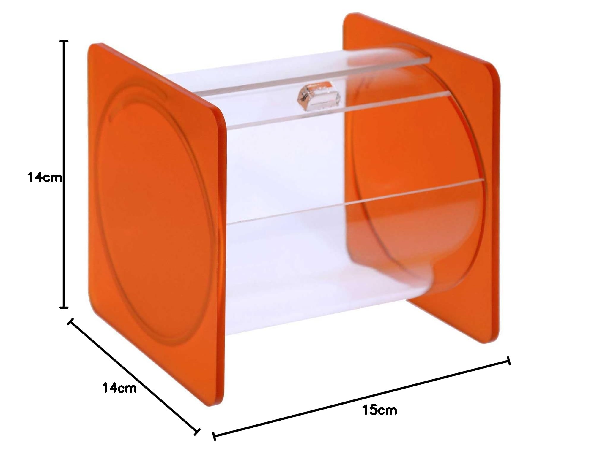 Portacaramelle confezionate sezione circolare in plexiglass trasparente e con pannelli laterali in plexiglass satinato Arancione - Misure totali: L 15 x P 14 x H 14 cm