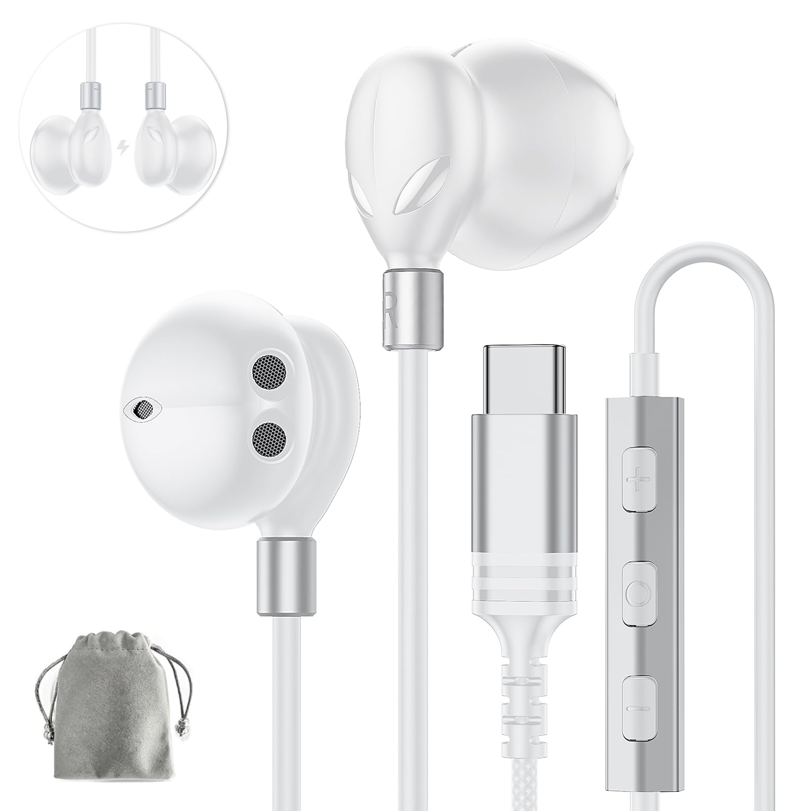 Cuffie USB C Per iPhone 16/15 Pro Max Plus Auricolari con filo Type C Per Samsung Galaxy S25 S24 Ultra S23S22 A54A55 In-Ear Cuffie Tipo C con microfono Hi-Fi Stereo Per Apple Google iPad pro Pixel 9/8