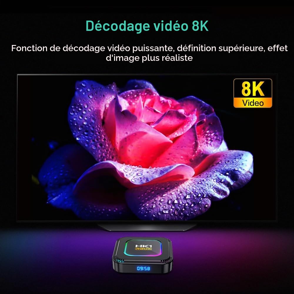 Boîtier TV Android 13.0, HK1 RBOX 4 Go de RAM 128 Go de ROM RK3528 Quad-Core WiFi6 2,4 GHz/5,8 GHz BT5.0 8K HDR10+ Ultra HD USB 3.0 avec mini clavier sans fil 2,4 GHz