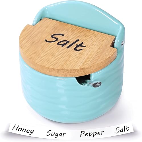 Miniatura 1 de SOYESIN Bodega de sal con etiquetas, recipiente de sal de cerámica con tapa y cuchara de bambú, cuenco de sal y pimienta para el hogar y la cocina,