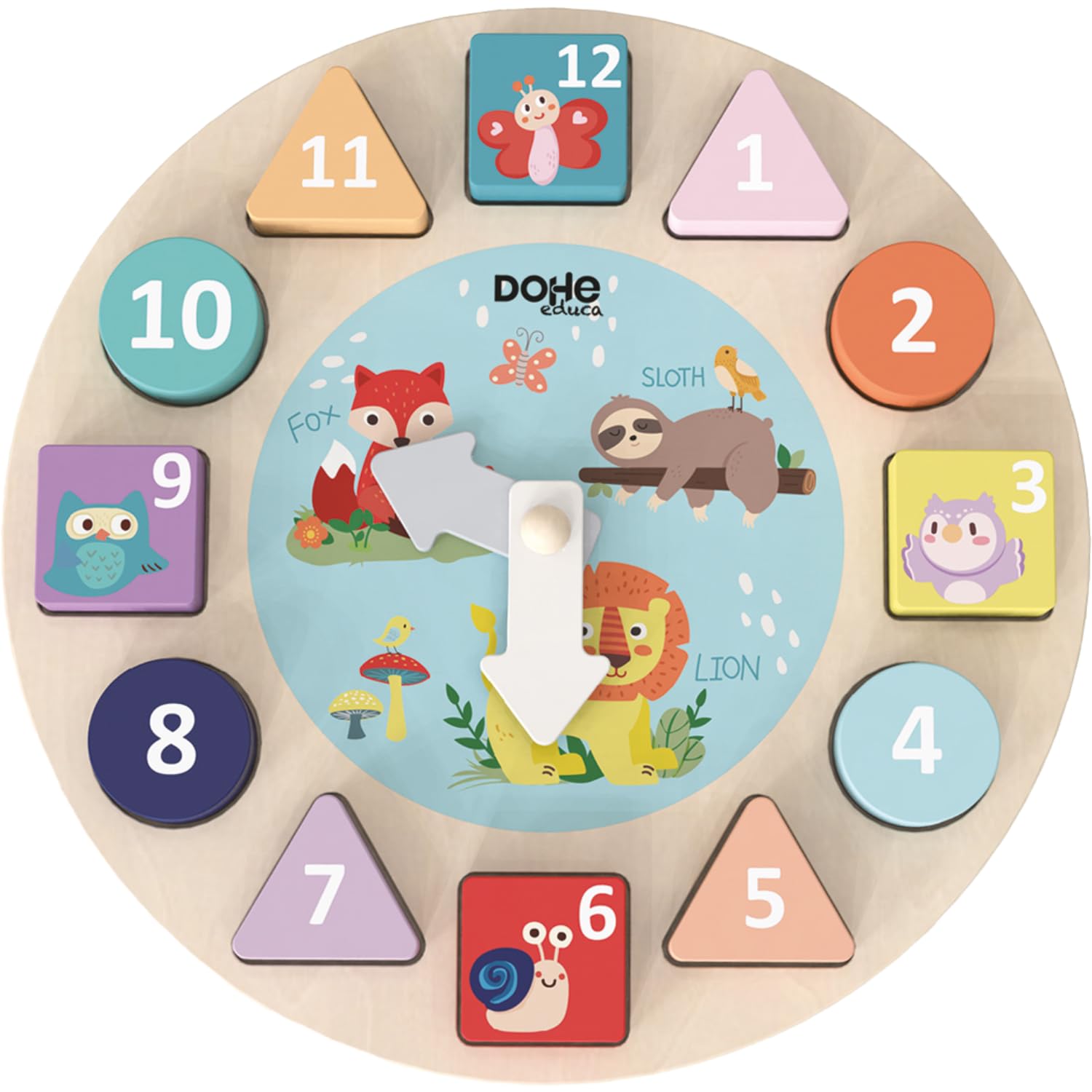 DOHE Educa, Shape Sorting Clock, 12 Geometric Wooden Lockable Blocks, Movable Needles, Educational Game Children and Babies