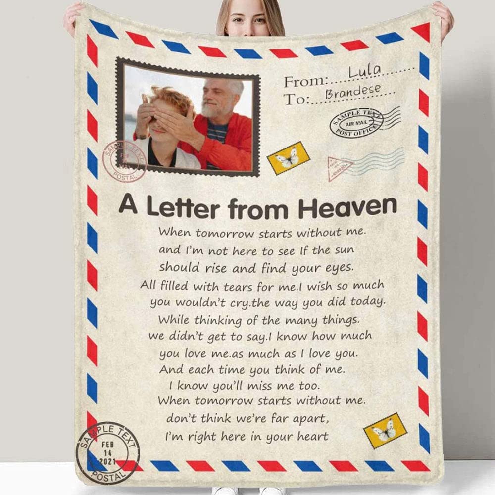 Memorial Letter Blankets Photos for Loss of Wife Husband Mother Dad Grandpa Grandma in Heaven, A Letter from Heaven Blanket, Sympathy Bereavement Angel Blanket for Funeral