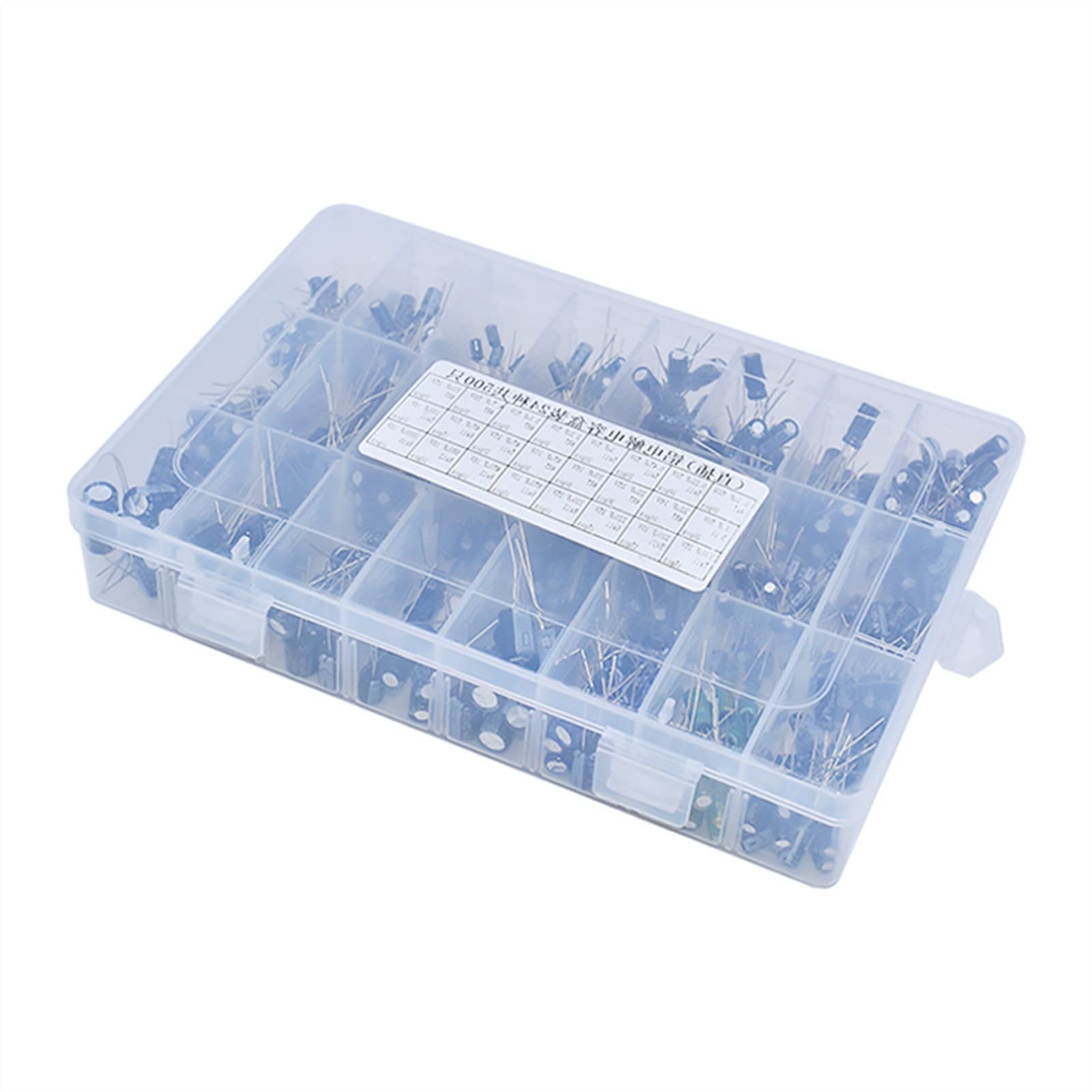 Accesorios electrónicos Condensadores 500 unids/lote 0,1 UF-1000UF 24 valores condensadores electrolíticos de aluminio 16-50V condensador electrolítico mixto kit surtido y caja de almacenamiento Dispo