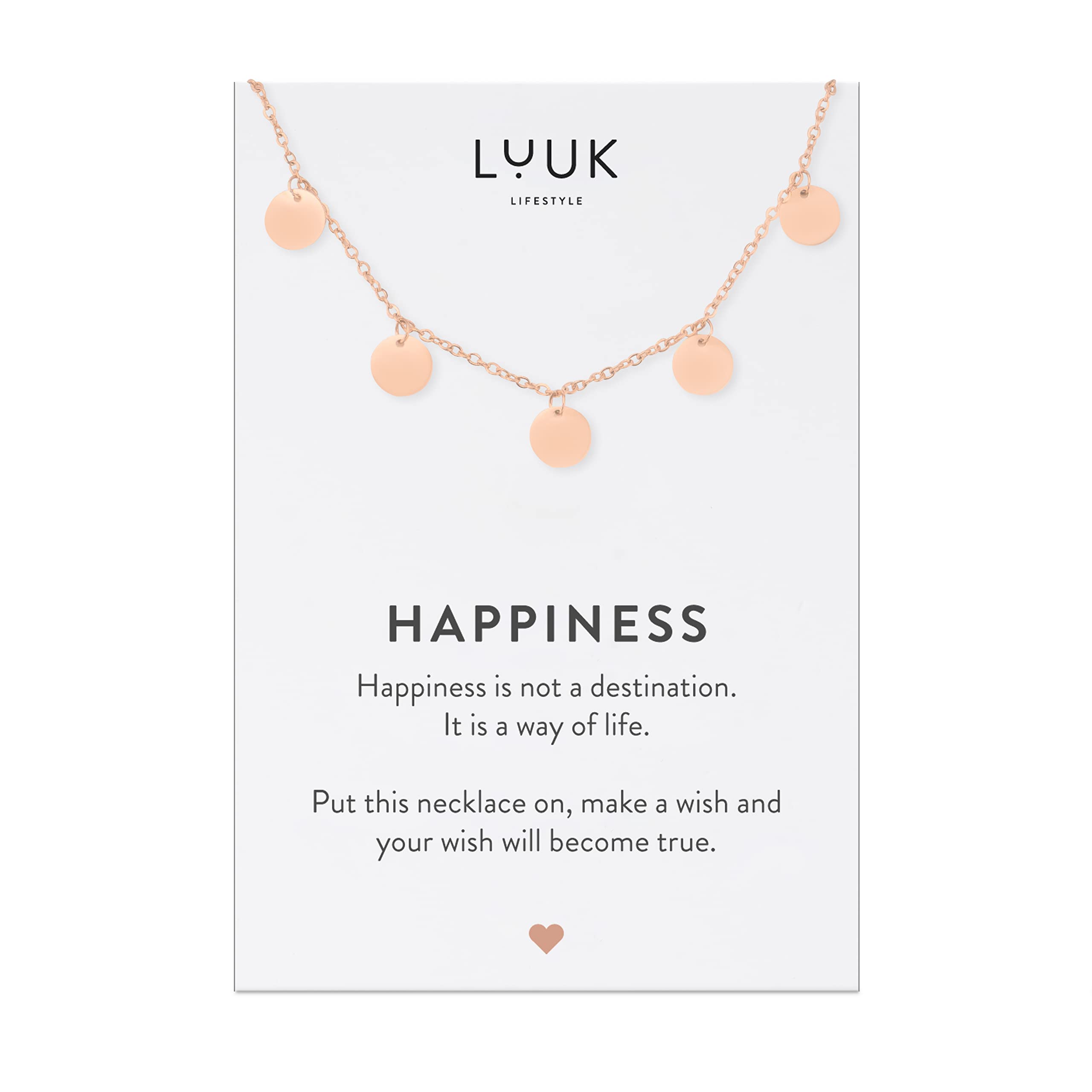 LUUK LIFESTYLE Collane con diverso Ciondolo (50 cm) in Acciaio Inossidabile e cartolina HAPPINESS, Regali per Lei, Donna, Ragazza, Moglie, Mamma, Amica, Gioielli, Argento, Oro e Oro rosa