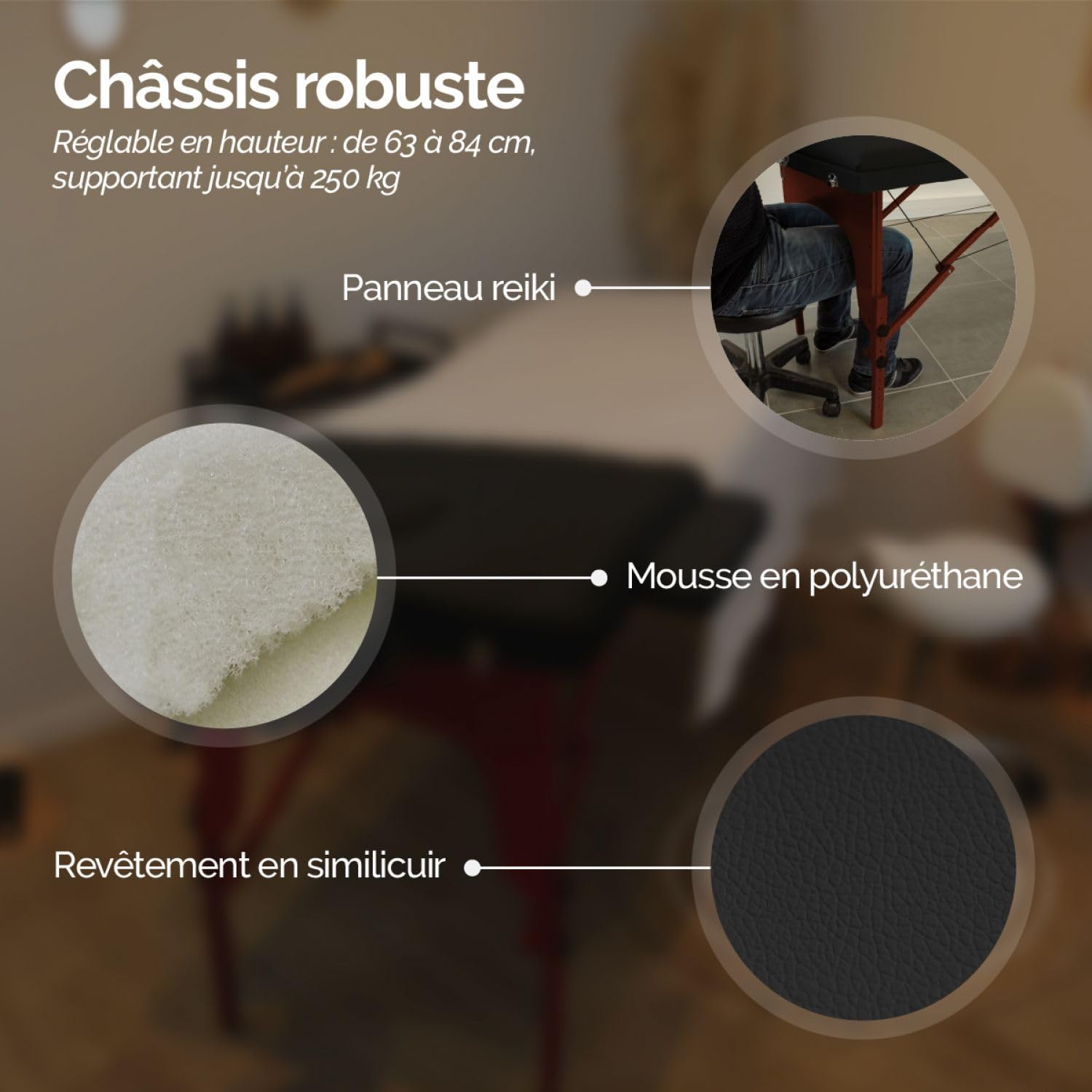 Vivezen - Table de Massage Pliante 3 Zones en Bois foncé avec Panneau Reiki + Accessoires et Housse de Transport - Noir