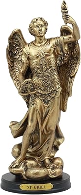 Ebros Catholic Church Archangel Uriel Statue 8" Tall Saint Uriel The Archangel Figurine with Brass Name Plate Wooden Base