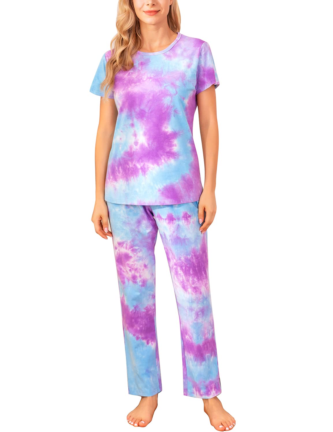 EISHOPEER Womens Cotton Pajama Set Cute Printed Short Sleeve Top Long Pants Sleepwear Pjs Sets
