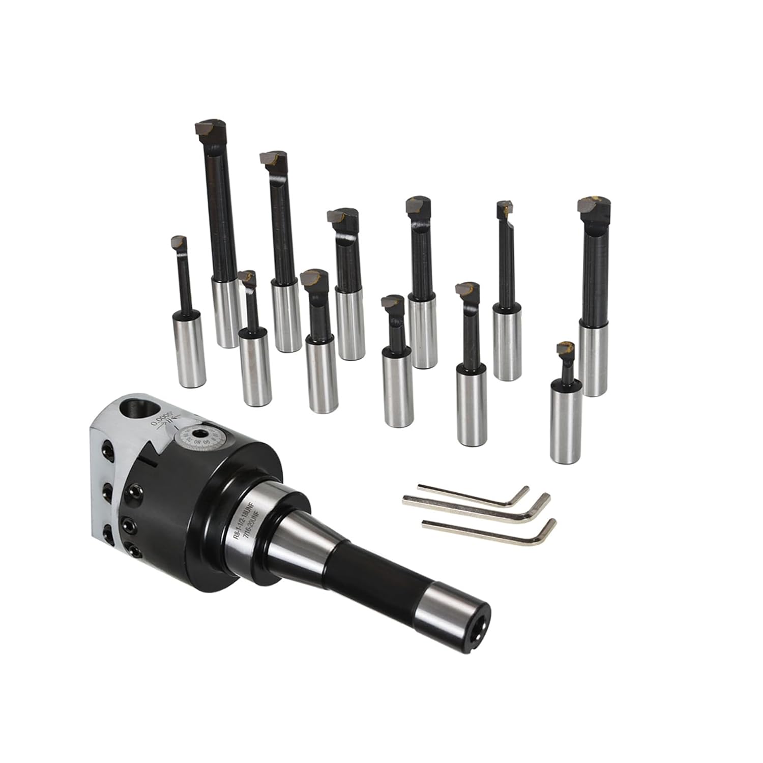 3 Inch Boring Head Set R8 Shank with 12Pcs 3/4 Inch Boring Bar Set 3Pcs Hex Wrench