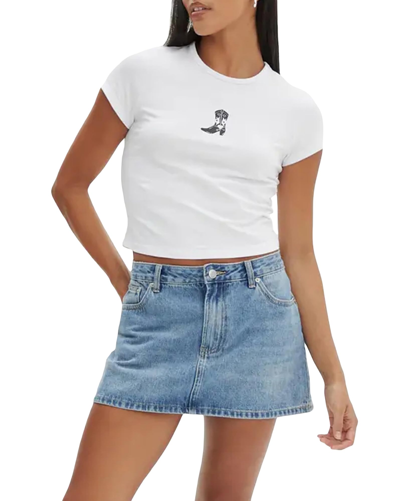 Women's Y2K Baby Tees Casual Slim Fit Bow Fruit Graphic Print Crop Tops Summer Round Neck Cap Sleeve Going Out Tops (A-Black, L)
