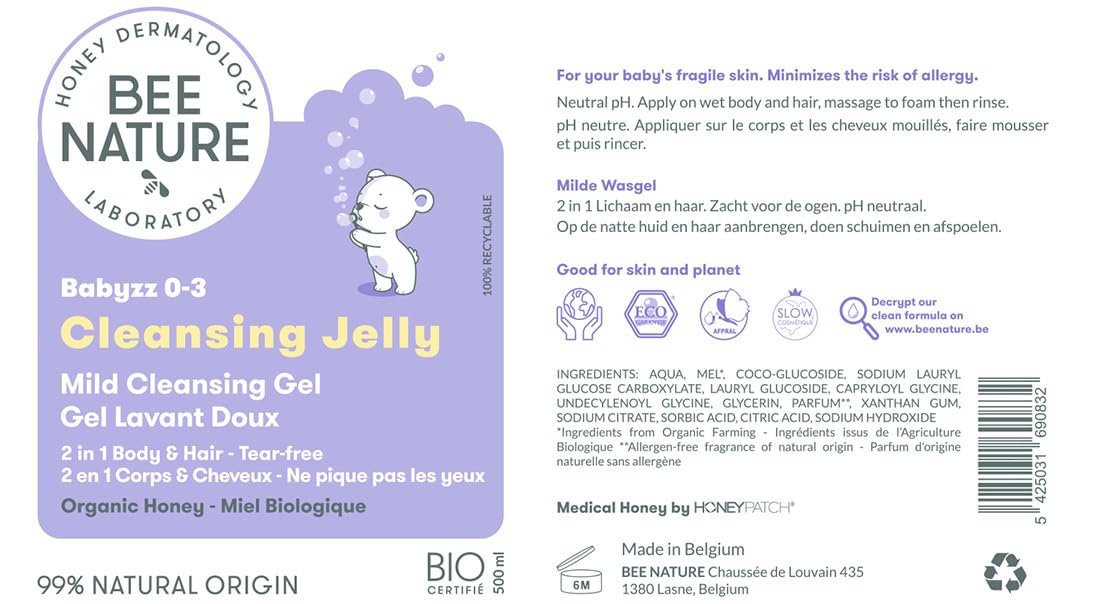 Bee Nature - Gel Lavant Doux Bébé - 2 en 1 - Hydratant et Sans Larmes - Soulager Eczéma - Miel Médical Stérile Sécuritaire - Certifié BIO - YUKA 100/100-99% Naturelle - 500ml
