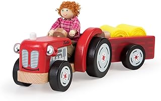 Tidlo T0502 Wooden Tractor and Trailer with Hay, Multi-Colour