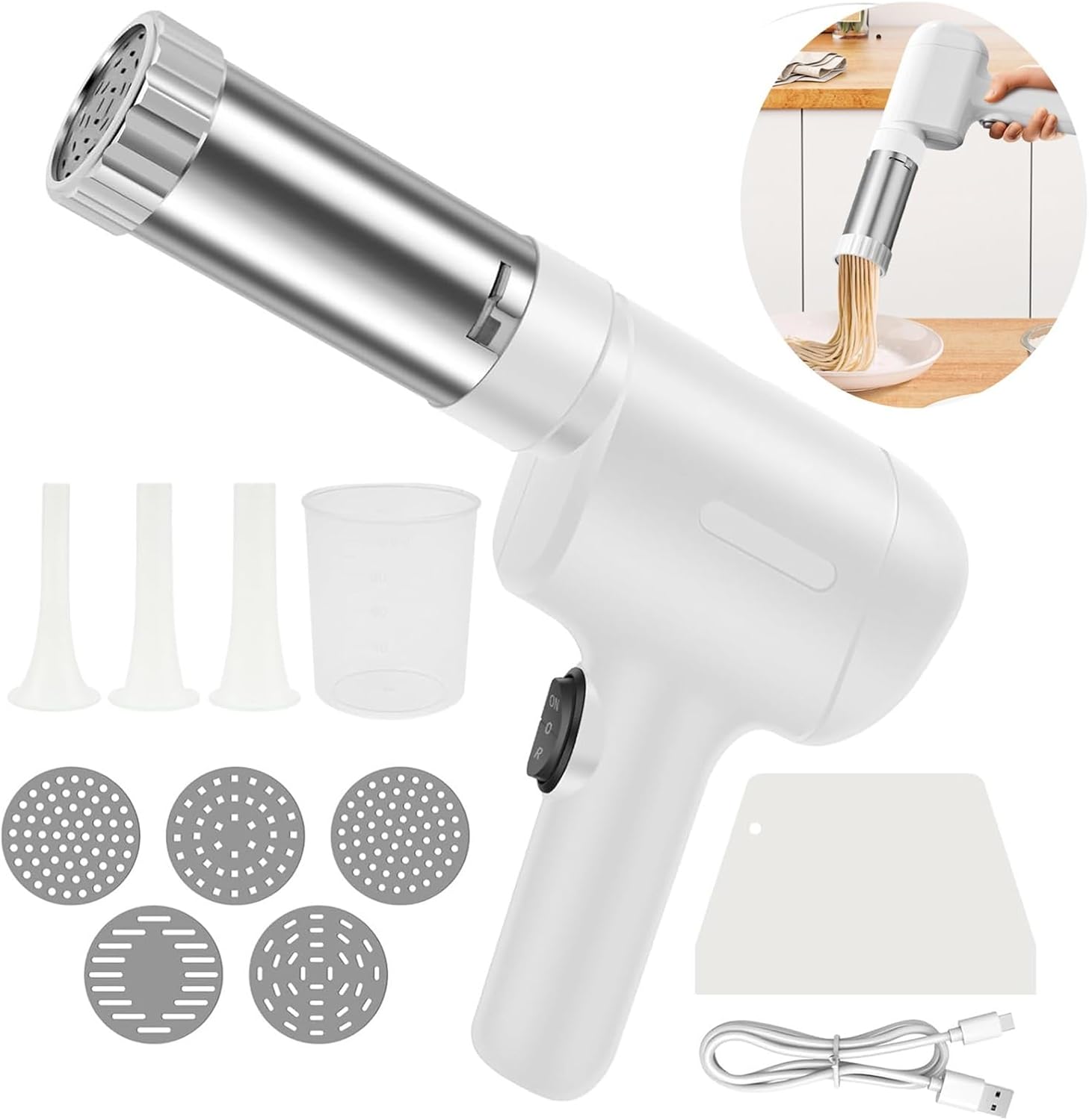 Handheld Electric Pasta Maker,Portable Automatic Pasta Maker, Homemade Spaghetti Maker,Automatic Noodle Press Machine, With 5 Interchangeable Noodle Making Molds