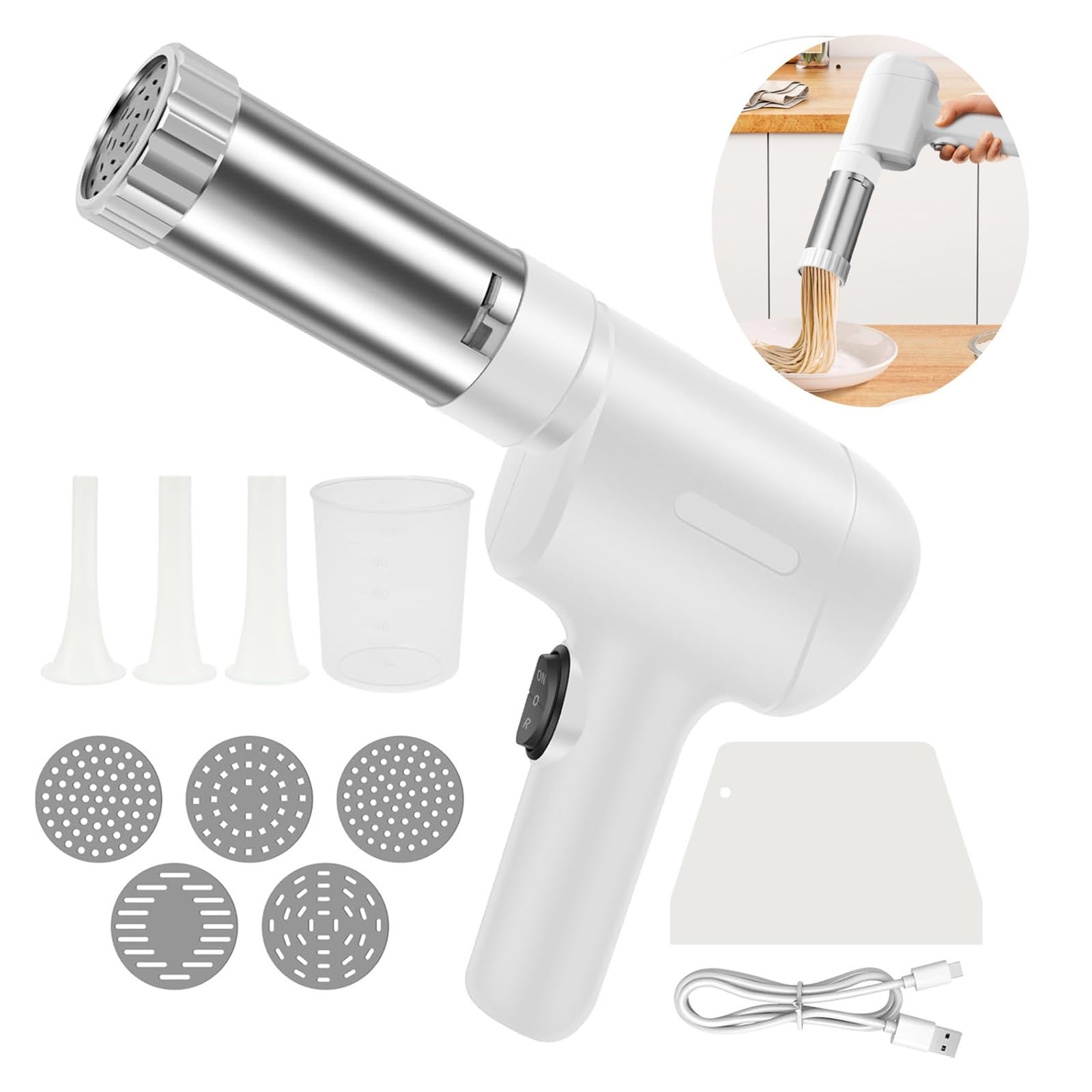 Handheld Electric Pasta Maker,Portable Automatic Pasta Maker, Homemade Spaghetti Maker,Automatic Noodle Press Machine, With 5 Interchangeable Noodle Making Molds