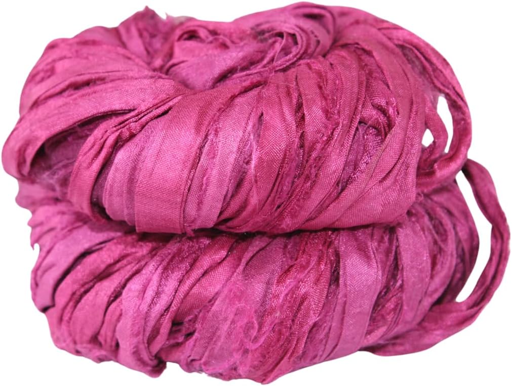 Knitsilk Recycled Sari Silk Ribbon Yarn-Super Bulky Orange Yarn Best for Crochet, Knitting, and Embroidery and Jewelry Making |Sustainable and Unique Texture Ribbon |50 GMS-30Yards-Pink(PCK of 5)