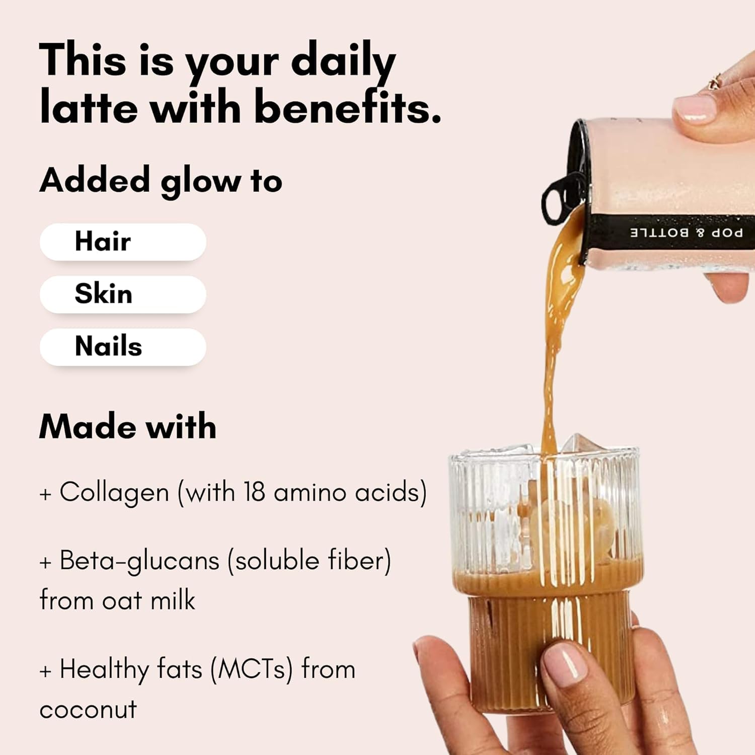 Pop & Bottle Vanilla Oat Milk Lattes - Cold Brew, Sustainably Sourced Marine Collagen, MCT Oil, Organic, Dairy Free, Gluten Free, Lightly Sweetened with Dates - 8 Fl Oz (Pack of 8)