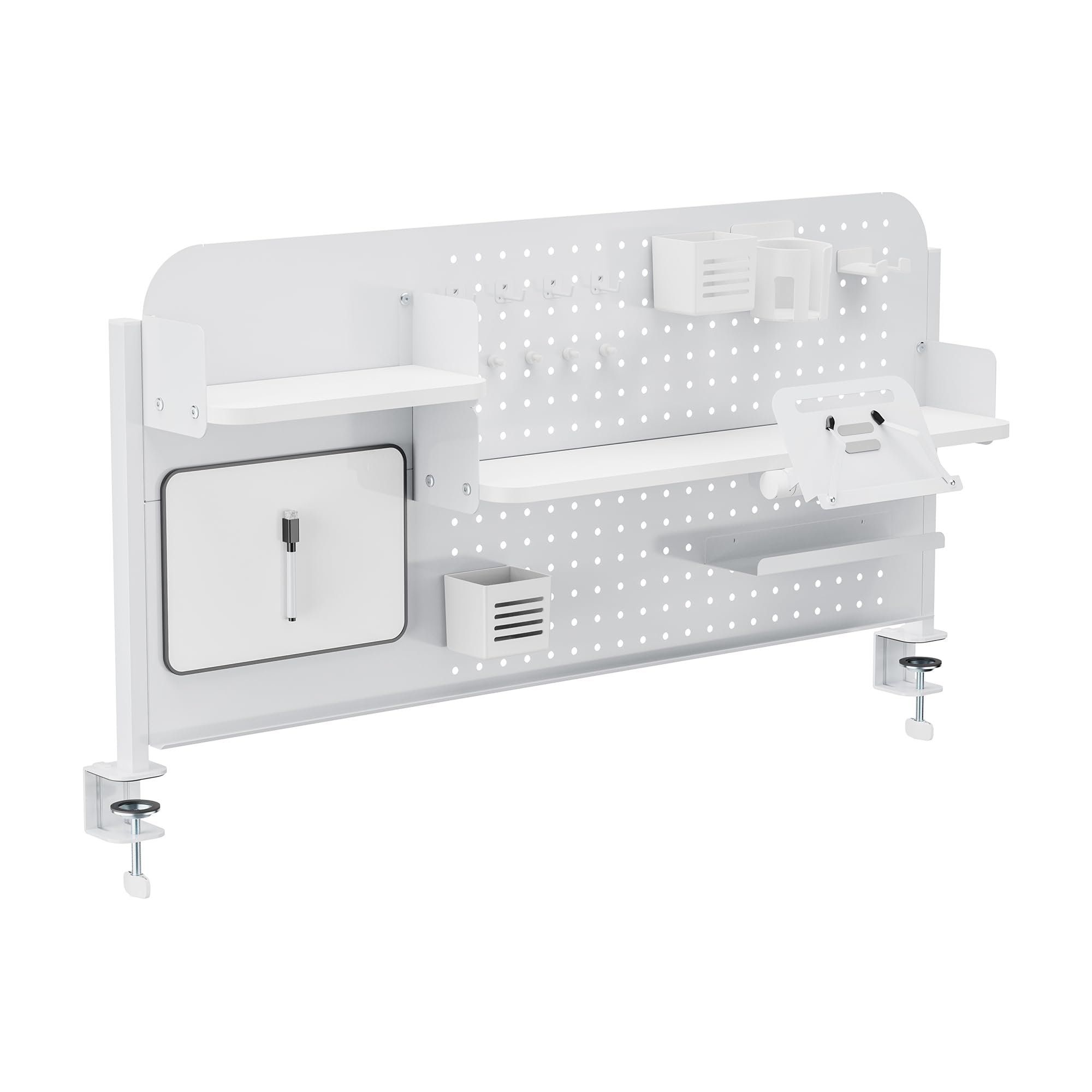 [en.casa] Organizzatore da Scrivania con Morsetti Pannello Forato Organizer Pegboard per Cameretta Studio 3 Ripiani Supporto Tablet Cuffie Porta Bicchieri Penne Lavagna Ganci 114x68 cm - Bianco