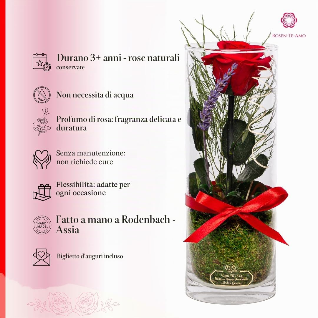 Rosen-Te-Amo | regalo festa della Mamma | rosa stabilizzata vera profumata con stelo in vaso per fiori in vetro | scatola dal design raffinato || Composizioni artigianali rosa eterna| regalo donna